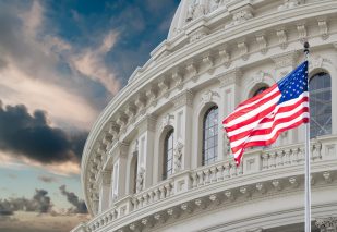 Washington DC Capitol dome detail with waving american flag